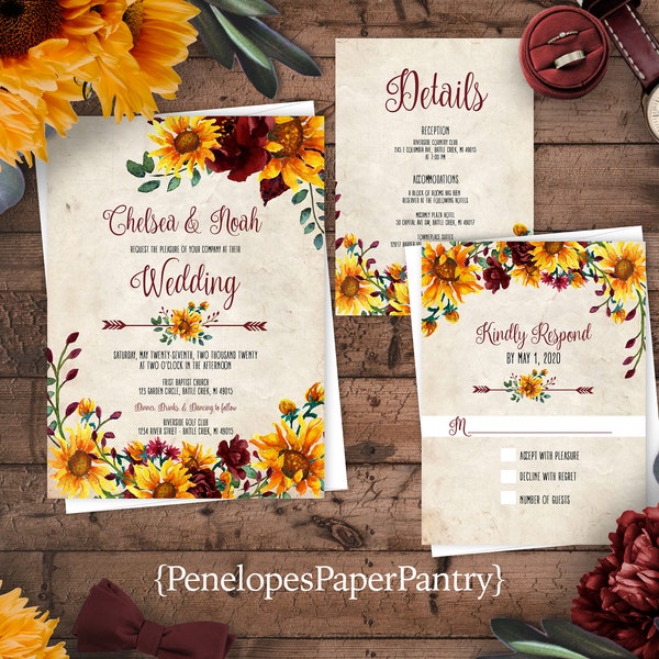 Rustic Sunflower Fall Wedding Invitation,Fall Wedding Invite,Sunflowers,Burgundy Roses,Parchment,Personalize,Printed Invitation,Envelope