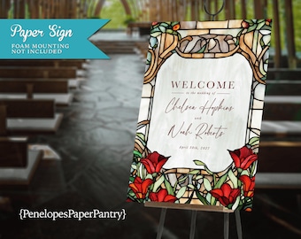 Red Rose Stained Glass Wedding Welcome Sign: Customized and Printed