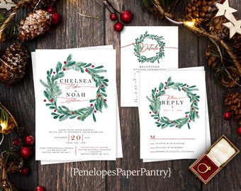 Romantic Christmas Wedding Invitation,Christmas Wedding Invite,Christmas Wreath,Green,Red,Calligraphy,Shimmery Invitation,Envelope Included