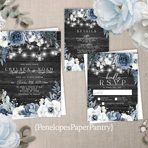 Rustic Gray Wedding Invitation,Gray Floral Wedding Invite,Rustic Gray Wood,Dusty Blue Rose,Fairy Light,Silver Calligraphy,Shimmery Invite