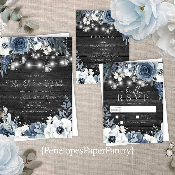 Rustic Gray Wedding Invitation,Gray Floral Wedding Invite,Rustic Gray Wood,Dusty Blue Rose,Fairy Light,Silver Calligraphy,Shimmery Invite