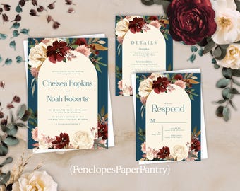 Teal Floral Fall Wedding Invitation Suite: Burgundy and Ivory Roses, Personalized and Printed with Envelopes