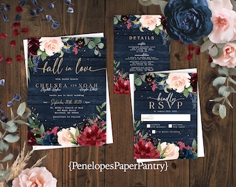 Rustic Navy Floral Fall Wedding Invitation Suite: Burgundy & Blush Roses, Personalized and Printed