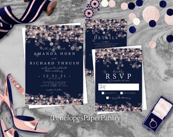 Navy Wedding Invitation,Navy and Pink Wedding Invite,Navy Blue,Rose Gold,Invitation,Twinkling Light,Shimmery Invitation,Personalize,Printed