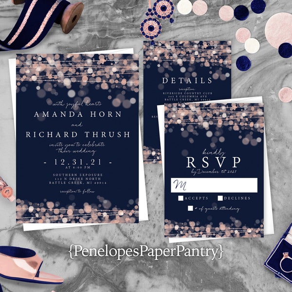 Navy Wedding Invitation,Navy and Pink Wedding Invite,Navy Blue,Rose Gold,Invitation,Twinkling Light,Shimmery Invitation,Personalize,Printed