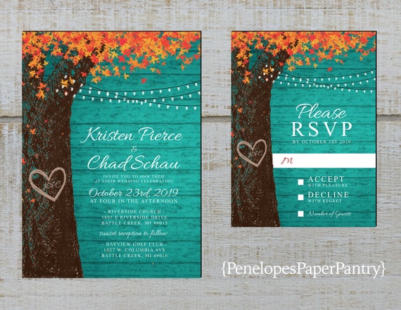 Rustic Turquoise Fall Wedding Invitationoak Treecarved Etsy