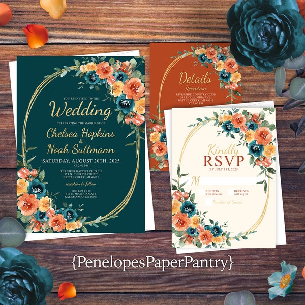Elegant Teal Fall Wedding Invitation,Teal Wedding Invite,Floral Fall Invite,Burnt Orange,Ivory,Gold Calligraphy,Oval Frame,Shimmery Invite