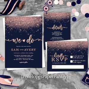 Chic Navy and Pink Wedding Invitation Personalized Pink Glitter Print We Do Calligraphy Printed Invitations Envelopes Included Custom Text