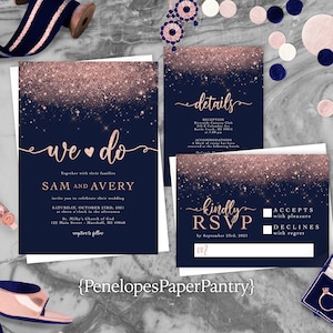 Bling Navy and Rose Gold Wedding Invitation,Navy,Rose Gold,Wedding Invite,Calligraphy,Rose Gold Fairy Dust,Glitter Print,Shimmery Invitation image 1