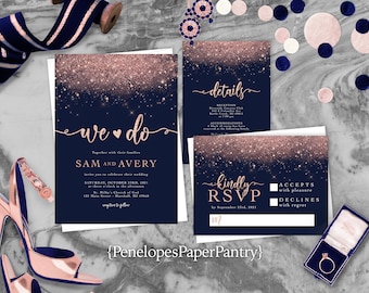 Navy & Pink Glitter Wedding Invitation Suite:  Personalized and Printed with Envelopes