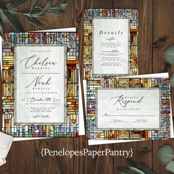 Abstract Frame Stained Glass Wedding Invitation,Stained Glass Wedding Invite,Multi Color Glass,Shimmery Invitation,Envelope Included,Printed