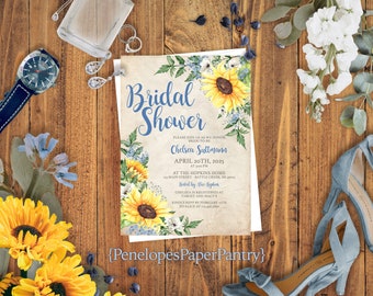 Sunflower Bridal Shower Invitations, Cornflower Blue, Rustic, Parchment, Personalized (Printed)