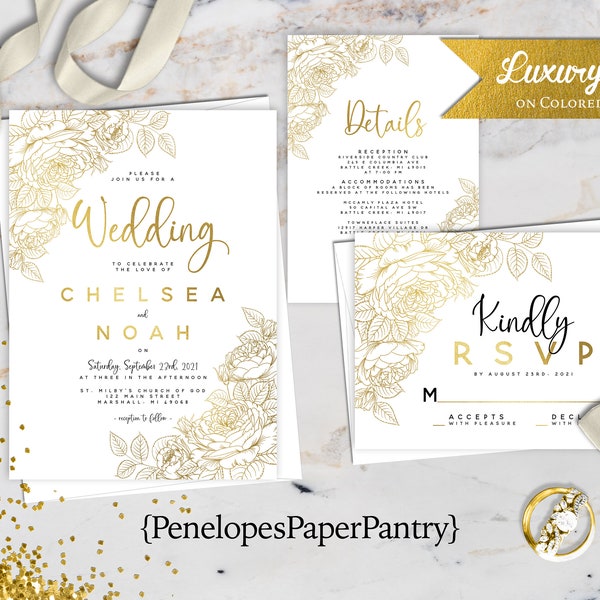 Elegant White and Gold Foil Wedding Invitation,White,Gold Foil,Wedding Invite,Gold Foil Invite,Floral Theme,Calligraphy,Envelope Included