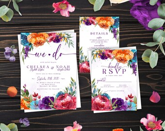 Bright Floral Summer Wedding Invitation Suite Purple Orange Turquoise & Hot Pink Personalized and Printed