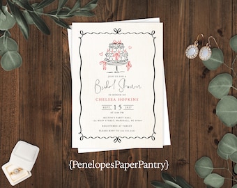 Whimsical Bridal Shower Invitation: Hand Drawn Wedding Cake Hearts Black and Pink Personalized and Printed with Envelopes
