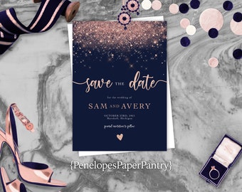 Save The Date,Wedding Save Our Date,Navy and Pink,Pink Glitter Print,Calligraphy,Shimmery,Personalized Card,Printed Card,Envelope Included