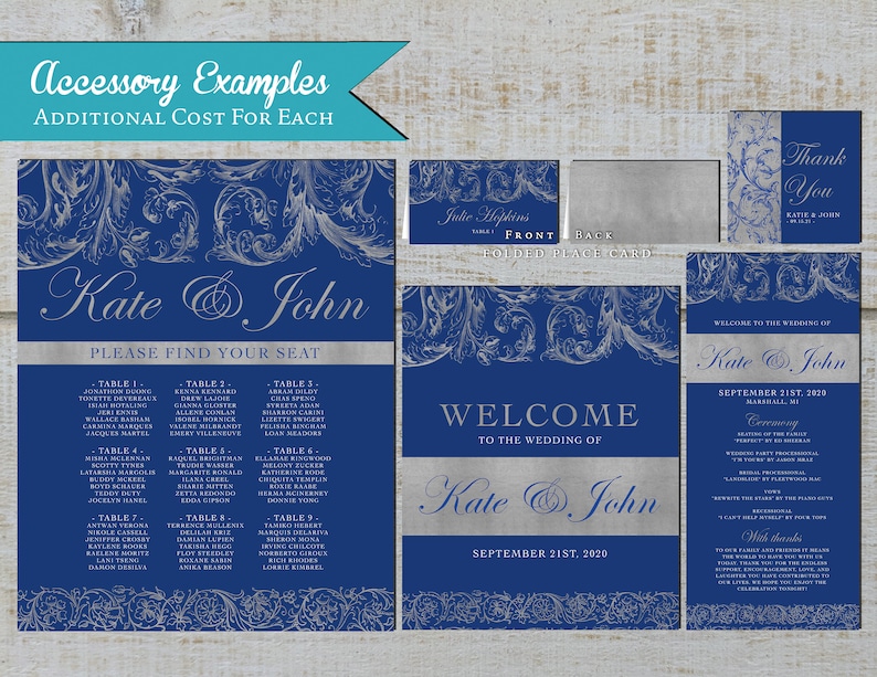 Elegant Royal and Silver Wedding Invitation,Royal Blue,Silver,Shimmery,Calligraphy,Traditional,Printed Invitation,Wedding Set,Envelope