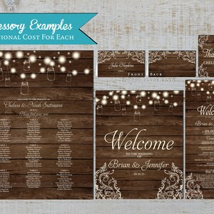 May include: Rustic wedding invitation suite with a woodgrain background and white lace accents. The invitation features mason jars with lights, the text "Welcome to the Wedding of Brian & Jennifer" and the date "09.09.25".