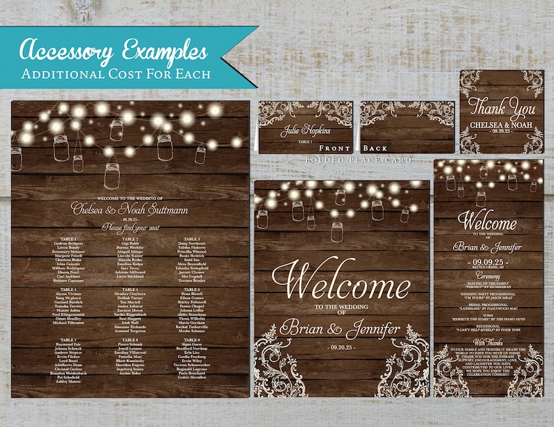May include: Rustic wedding invitation suite with a woodgrain background and white lace accents. The invitation features mason jars with lights, the text "Welcome to the Wedding of Brian & Jennifer" and the date "09.09.25".
