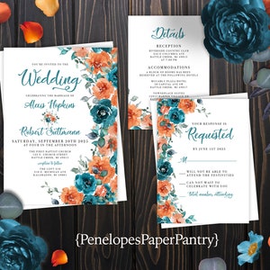 Elegant Turquoise,Burnt Orange,Floral,Fall Wedding Invitation,Turquoise Roses,Burnt Orange Roses,Calligraphy,Personalize,Printed Invitation