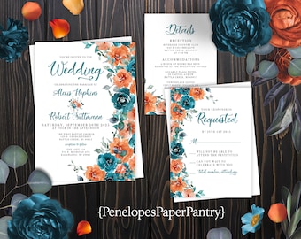 Elegant Turquoise,Burnt Orange,Floral,Fall Wedding Invitation,Turquoise Roses,Burnt Orange Roses,Calligraphy,Personalize,Printed Invitation