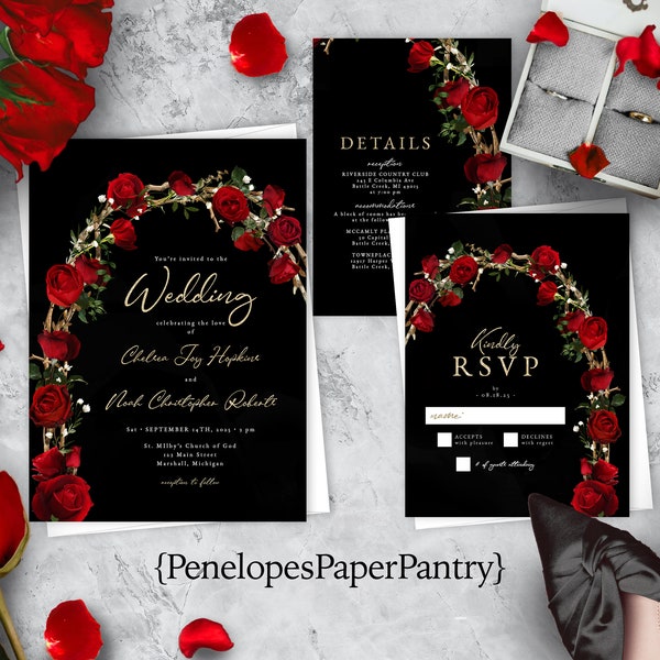 Romantic Red Rose Wedding Invitation Suite,Black,Red Roses,Gold Print,Shimmery,Floral Arch,Printed Invitation,Personalize,Envelope