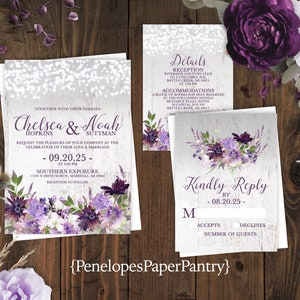 Rustic Purple Floral Wedding Invitation,Purple Floral Wedding Invite,Rustic White Wood,Fairy Lights,Purple Calligraphy,Envelopes Inculded