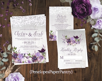 Rustic Purple Floral Wedding Invitation,Purple Floral Wedding Invite,Rustic White Wood,Fairy Lights,Purple Calligraphy,Envelopes Inculded