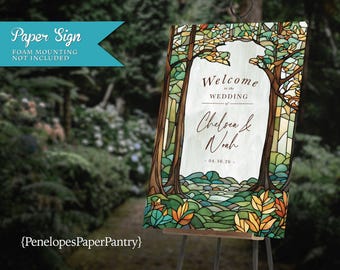 Stained Glass Style Fall Wedding Welcome Sign: Forest, Autumn Leaves, Personalized, Printed