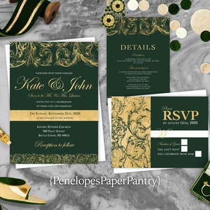 Elegant Emerald and Gold Wedding Invitation,Wedding Invite,Emerald Green,Gold,Calligraphy,Gold Print,Shimmery,Personalize,Printed Invitation