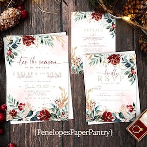 Christmas Wedding Invitation,Christmas Wedding Invite,Tis The Season To Be Married,Red,Green,Calligraphy,Shimmery Invite,Envelope Included image 1