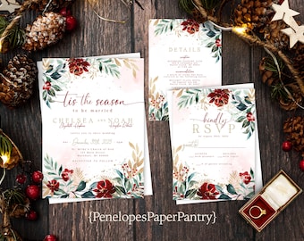 May include: A Christmas-themed wedding invitation suite with a watercolor floral design featuring red flowers, green leaves, and gold accents. The invitation reads "Tis the season to be married" with the couple's names and wedding date. The RSVP card reads "kindly RSVP" with a space for guests to indicate their attendance.