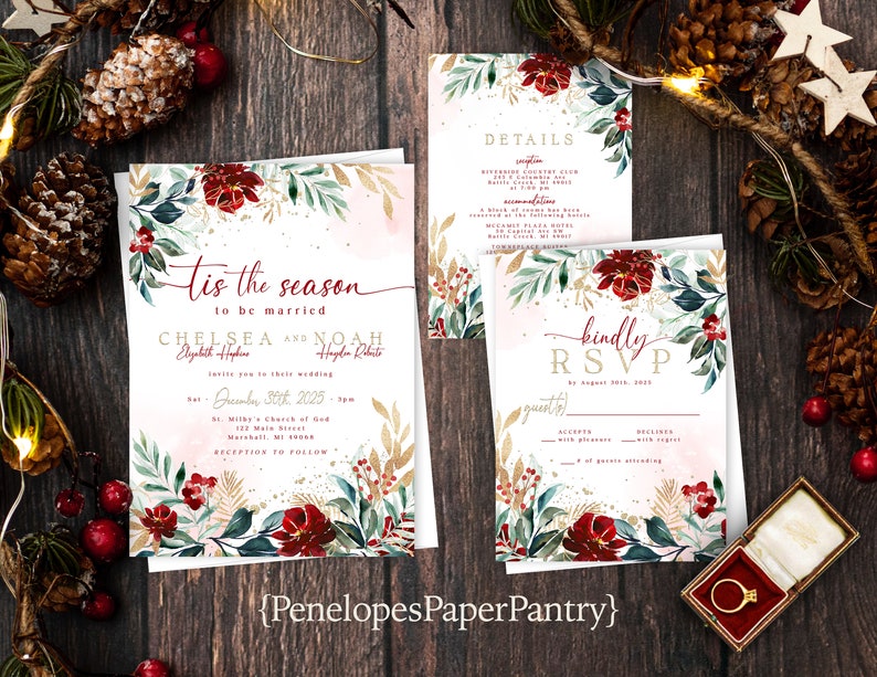 Christmas Wedding Invitation,Christmas Wedding Invite,Tis The Season To Be Married,Red,Green,Calligraphy,Shimmery Invite,Envelope Included image 1