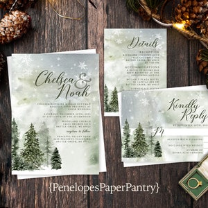 Rustic Winter Wedding Invitation,Personalized,Christmas Wedding Invite,Winter Forest,Calligraphy,Shimmery Invite,Envelope Included,Printed