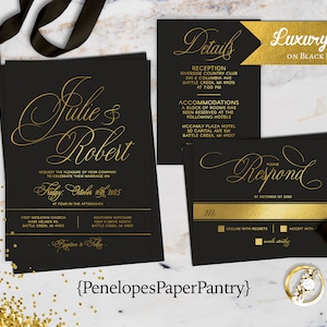 Personalized,Wedding Invitation,Luxury Gold Foil,Black and Gold Wedding Invites,Midnight Black,Wedding Invite,Printed Invite,Black Envelope