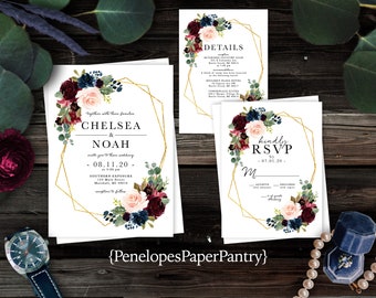 Elegant Floral Summer Wedding Invitation,Floral Summer Wedding Invite,Floral Theme,Burgundy Roses,Gold Geometric Frame,Shimmery Invitation