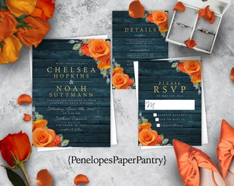 Rustic Teal Wedding Invitation,Fall Wedding Invite,Orange Roses,Rustic Teal Wood,Teal and Orange,Gold Calligraphy,Personalize,Shimmery