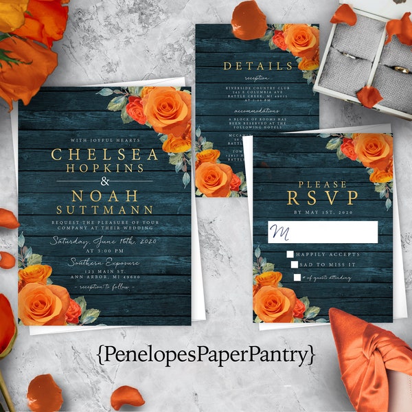 Rustic Teal Wedding Invitation,Fall Wedding Invite,Orange Roses,Rustic Teal Wood,Teal and Orange,Gold Calligraphy,Personalize,Shimmery