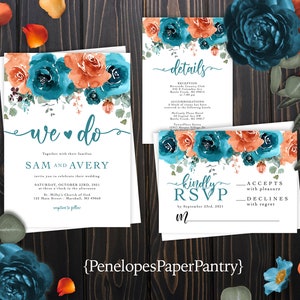 Elegant Turquoise and Orange Floral,Fall Wedding Invitation,Fall Wedding Invite,Calligraphy,Customized,Printed Invitation,Envelope Included