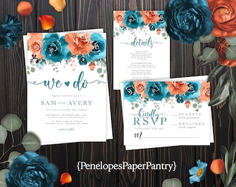 Elegant Turquoise and Orange Floral,Fall Wedding Invitation,Fall Wedding Invite,Calligraphy,Customized,Printed Invitation,Envelope Included