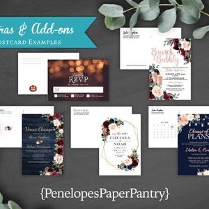 May include: A collection of wedding postcard examples featuring different designs and layouts. The postcards include a venue change announcement, a change of plans announcement, a save the date card, an RSVP card, and a brunch invitation. The postcards feature a burgundy and navy blue color scheme with floral accents.