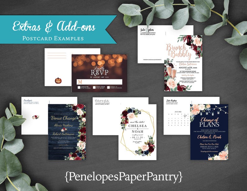 May include: A collection of wedding postcard examples featuring different designs and layouts. The postcards include a venue change announcement, a change of plans announcement, a save the date card, an RSVP card, and a brunch invitation. The postcards feature a burgundy and navy blue color scheme with floral accents.