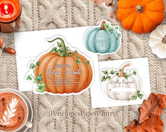 Pumpkin Shaped Fall Wedding Invitation Suite: Personalized, Printed, and Includes Envelopes