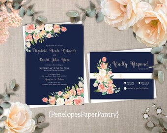 Romantic Navy Summer Wedding Invitation,Coral,Peach,Ivory,Roses,Elegant,Shimmery,Traditional,Printed Invitation,Wedding Set