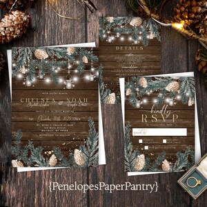 Rustic Winter Wedding Invitation,Winter Wedding Invite,Evergreen,Glowing Light,Mason Jar Light,Pine Cone,Barn Wood,Gold,Shimmery.Personalize