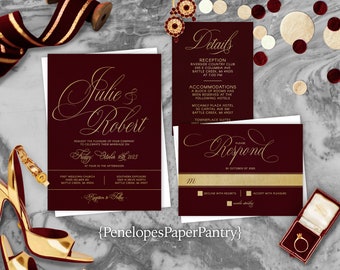 Personalized,Burgundy and Gold,Wedding Invitation,Burgundy,Gold,Wedding Invite,Gold Calligraphy,Shimmery Invite,Envelopes Included,Printed