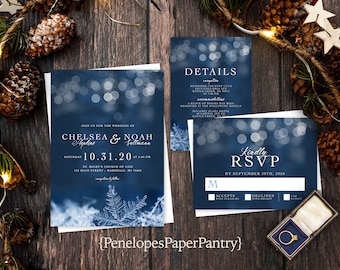 Winter Wedding Invitation,Winter Wedding Invite,Navy Blue,Snowflakes,Glowing Light,Shimmery Invitation,Envelope Included,Personalize,Printed