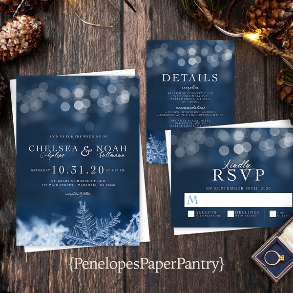 Winter Wedding Invitation,Winter Wedding Invite,Navy Blue,Snowflakes,Glowing Light,Shimmery Invitation,Envelope Included,Personalize,Printed