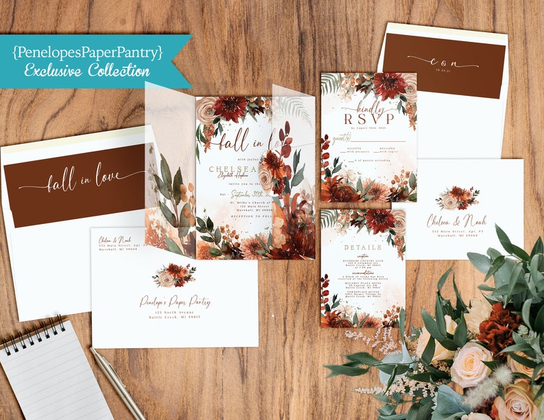 Fall Floral Wedding Invitation Bundle,Fall Wedding Bundle,Invitation Suite,Vellum Envelopment,Sticker,Envelope Liners,Envelope Printing image 1