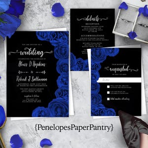 Romantic Royal Blue Rose Wedding Invitation Personalized Royal Blue Black Silver Calligraphy Shimmery Printed Invitations Envelopes Included